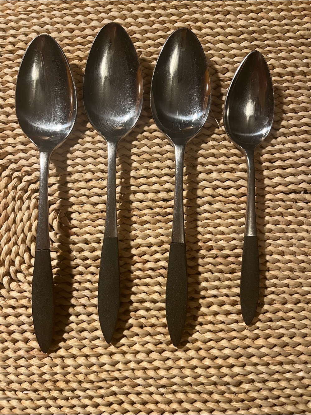 MCM Epic Forged Stainless 3 Large 1 Small Spoons w/Black Handles - Set of 4 Vtg